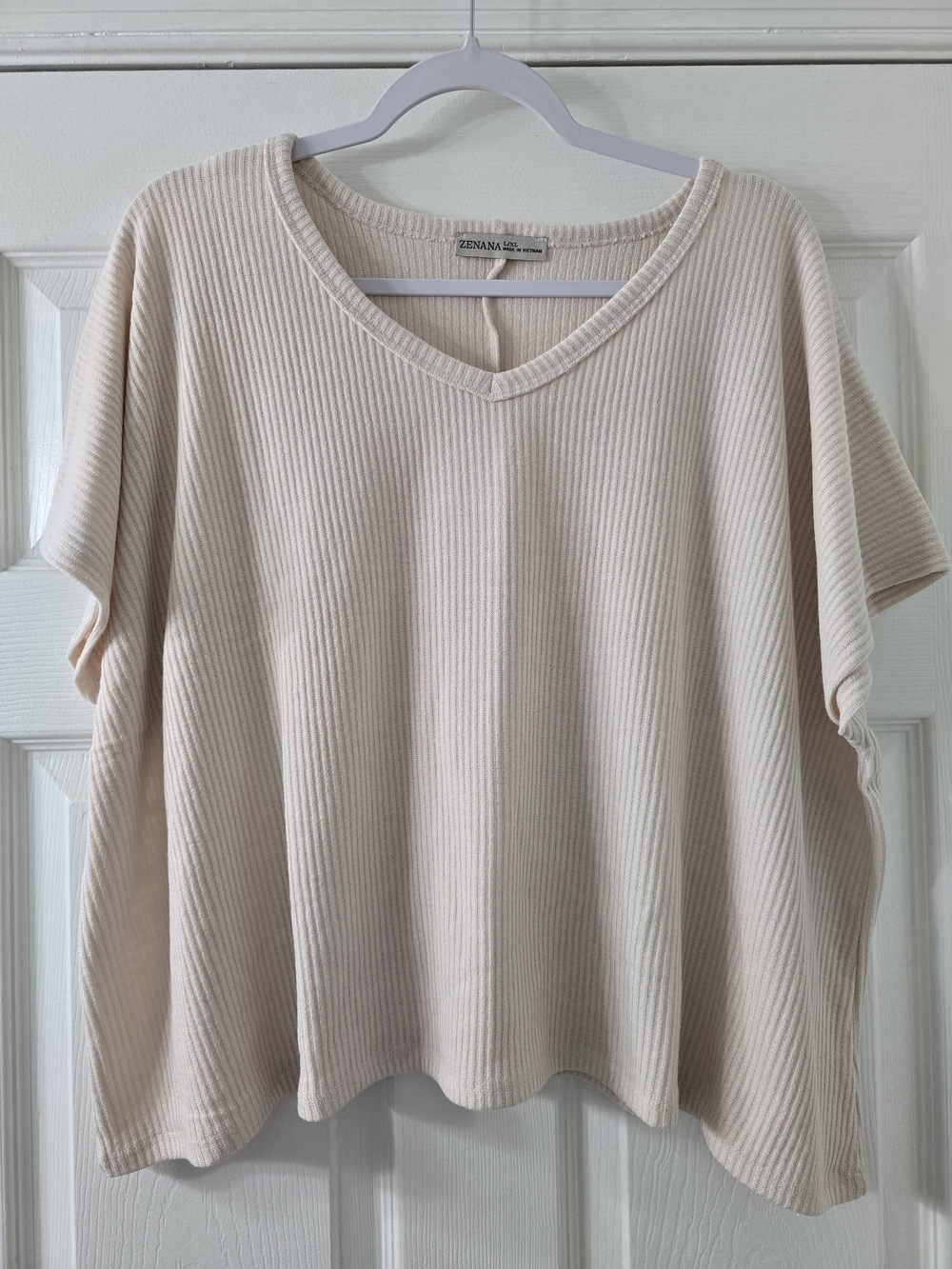 Zenana Outfitters Ribbed Hacci V-Neck Shirt - Cream - L/XL